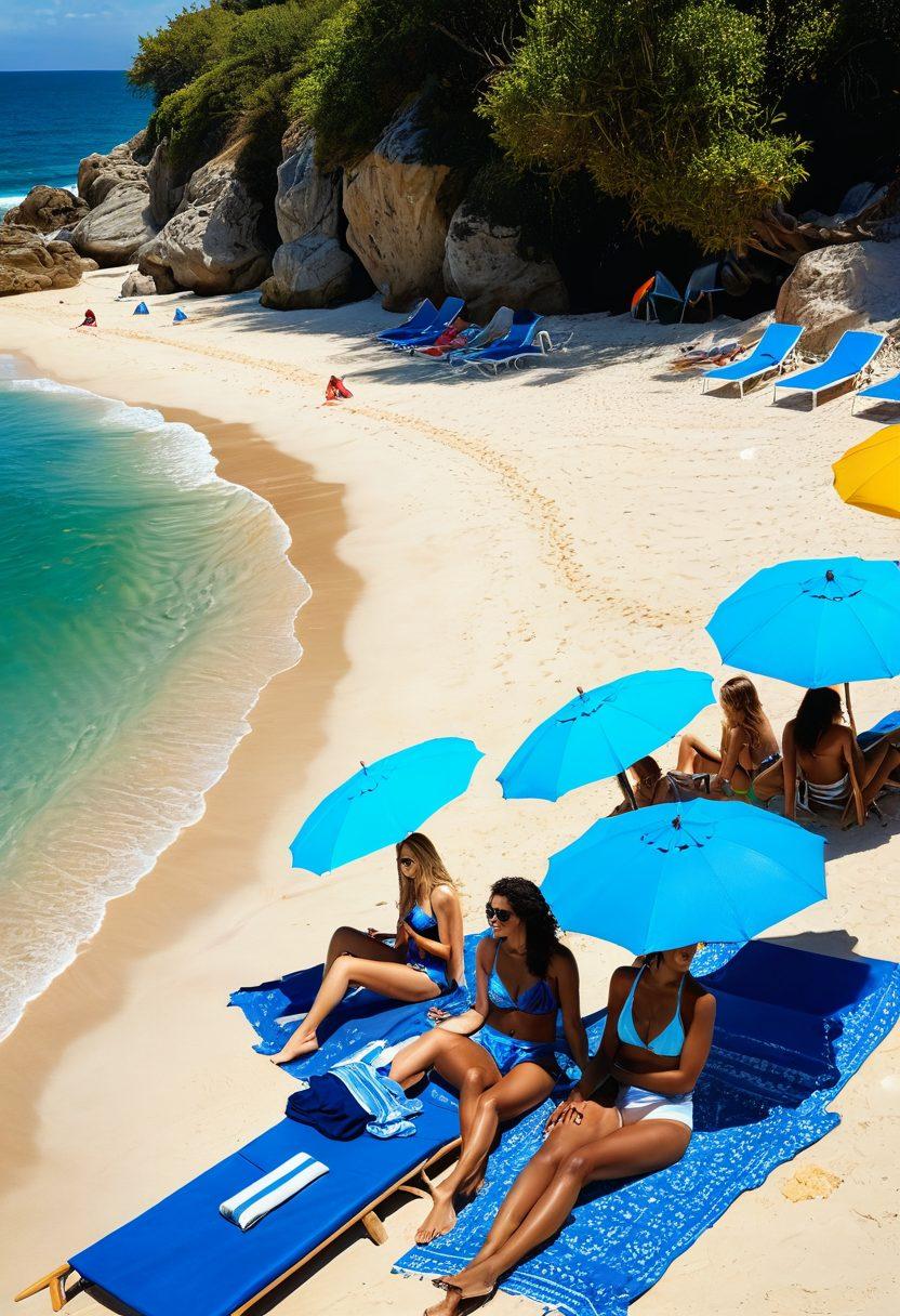 A vibrant beach scene showcasing diverse models in stylish thong swimwear, set against a sunny coastline. Include colorful beach umbrellas, a crystal-clear ocean, and a lively atmosphere with people enjoying beach activities. Accentuate coastal fashion trends with accessories like sunglasses, hats, and sarongs. The overall mood should be fun, energetic, and relaxing. tropical vibes. vibrant colors. super-realistic.