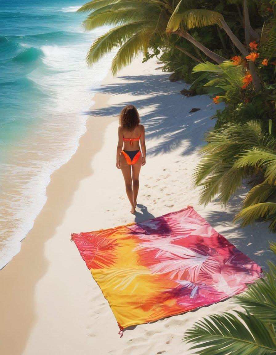 A vibrant beach scene showcasing a stylish wardrobe transition from sunbathing to swimming. Include a sunbather in a chic swimsuit lounging on a colorful beach towel, while beside her, a fashionable figure is preparing to dive into the surf wearing trendy resort wear. Surround them with tropical plants, beach umbrellas, and the ocean waves in the background. Emphasize bright, sunny colors to evoke a joyful summer vibe. super-realistic. vibrant colors. 3D.